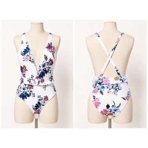 Cupshe Floral One Piece Swimsuit Large Deep V Neck Cross Back Ruffle Waist
